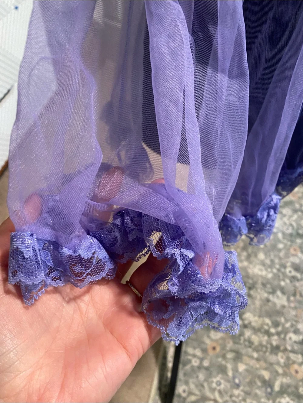 Vintage Sheer Lavender Ruffled Babydoll Camisole With Lace, Ribbons, Small - Picture 6 of 7